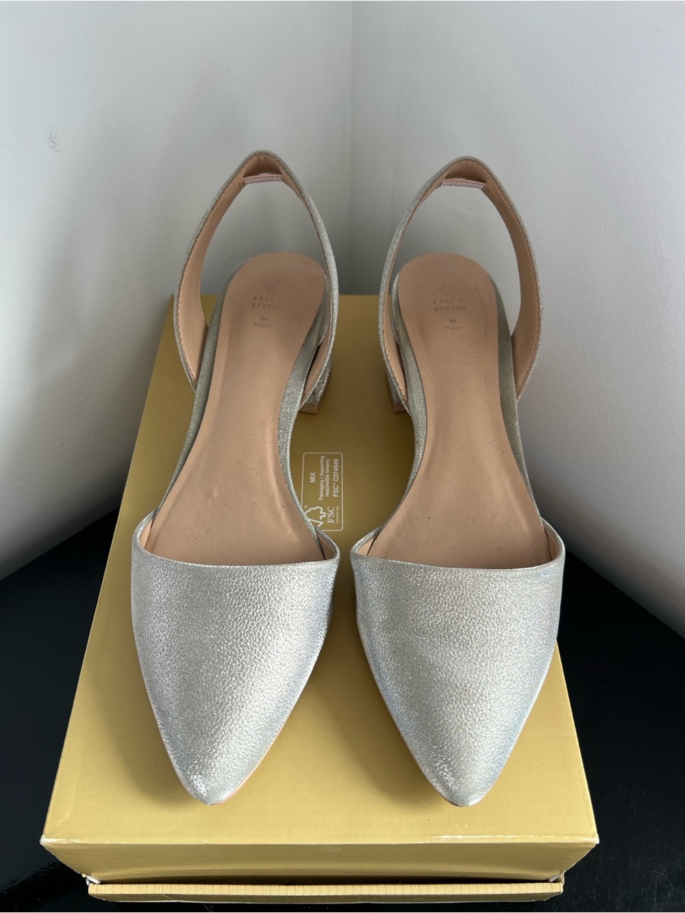 Call It Spring Silver Pointed Slingback Flats with Subtle Sheen